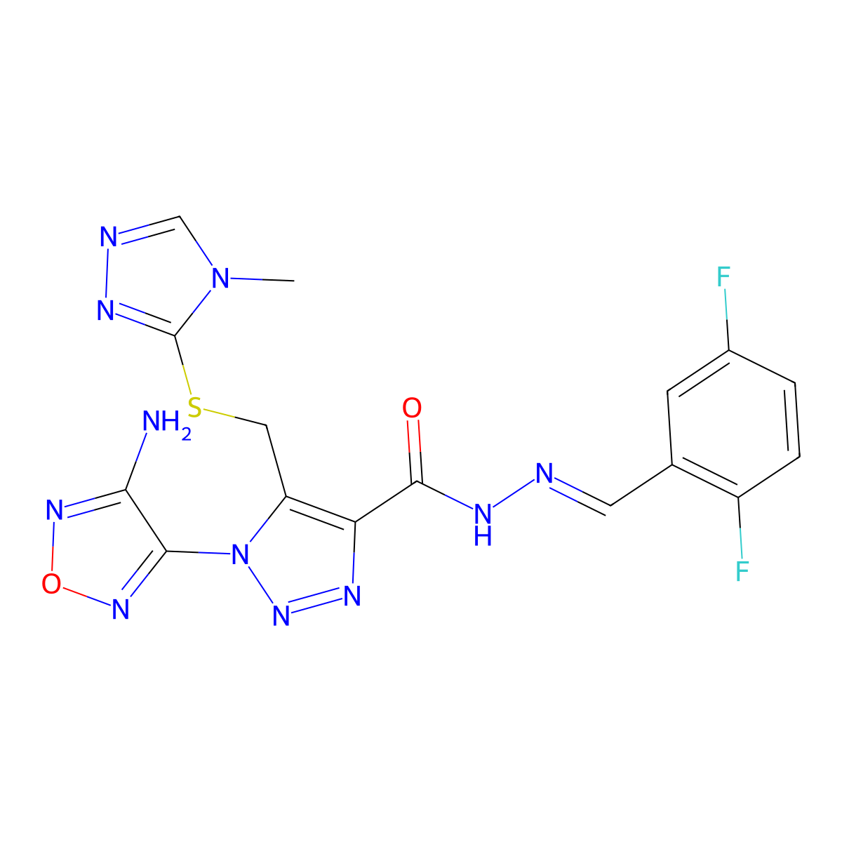 1-(4-amino-1,2,5-oxadiazol-3-yl)-N-[(2,5-difluorophenyl)methylideneamino]-5-[(4-methyl-1,2,4-triazol-3-yl)sulfanylmethyl]triazole-4-carboxamide molecular structure, CAS 5303-19-5
