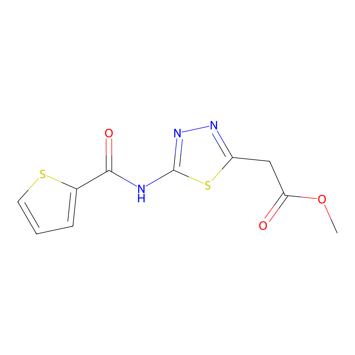 methyl {(5E)-5-[(thiophen-2-ylcarbonyl)imino]-4,5-dihydro-1,3,4-thiadiazol-2-yl}acetate molecular structure, CAS 5303-37-7