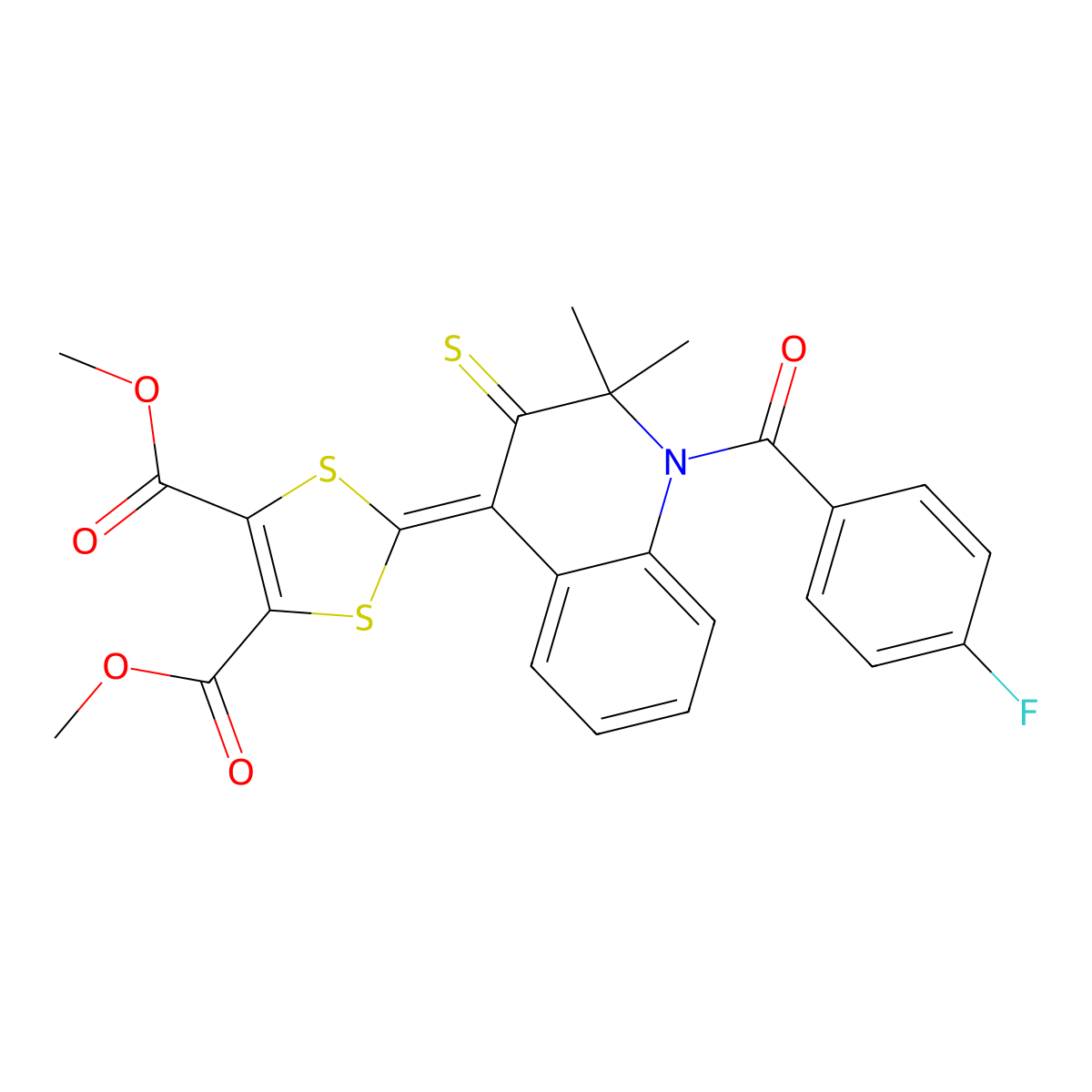 dimethyl 2-{1-[(4-fluorophenyl)carbonyl]-2,2-dimethyl-3-thioxo-2,3-dihydroquinolin-4(1H)-ylidene}-1,3-dithiole-4,5-dicarboxylate molecular structure, CAS 5303-82-2