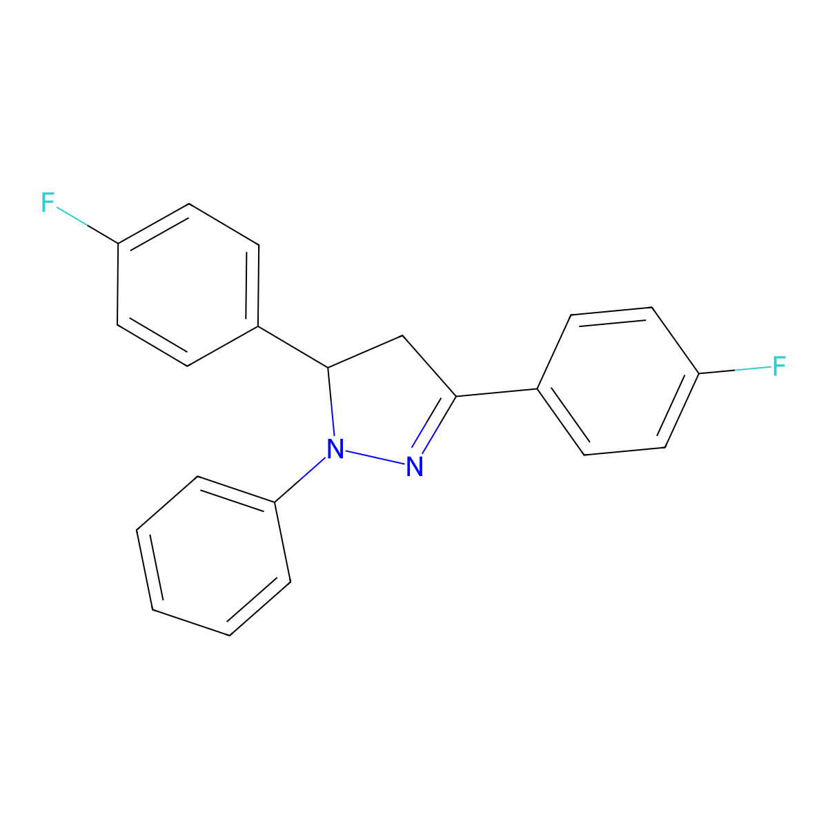 3,5-bis(4-fluorophenyl)-1-phenyl-4,5-dihydro-1H-pyrazole molecular structure, CAS 5304-07-4