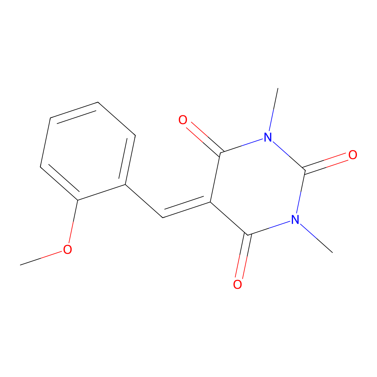 5-(2-methoxybenzylidene)-1,3-dimethylpyrimidine-2,4,6(1H,3H,5H)-trione molecular structure, CAS 5304-57-4