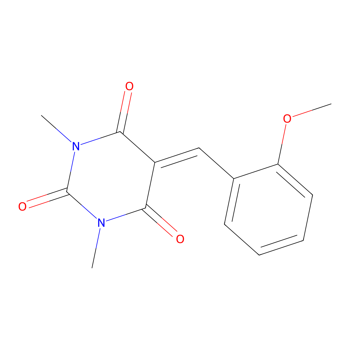 5-(2-methoxybenzylidene)-1,3-dimethylpyrimidine-2,4,6(1H,3H,5H)-trione molecular structure, CAS 5304-57-4