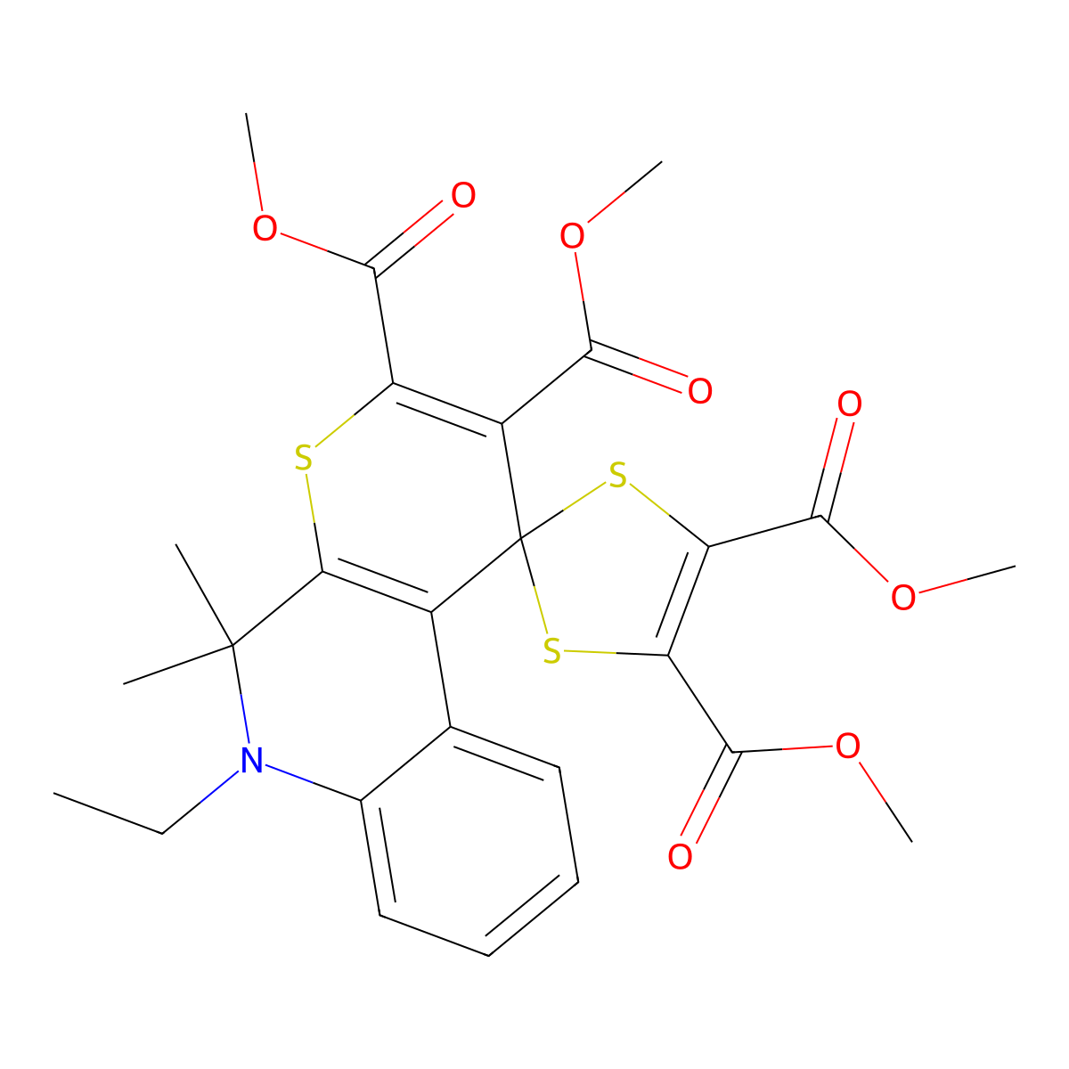 Tetramethyl 6'-ethyl-5',5'-dimethylspiro[1,3-dithiole-2,1'-thiopyrano[2,3-c]quinoline]-2',3',4,5-tetracarboxylate molecular structure, CAS 5305-14-6