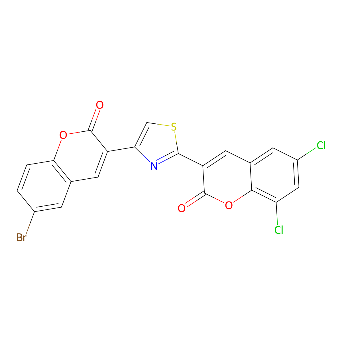 3-[4-(6-Bromo-2-oxochromen-3-yl)-1,3-thiazol-2-yl]-6,8-dichlorochromen-2-one molecular structure, CAS 5305-69-1