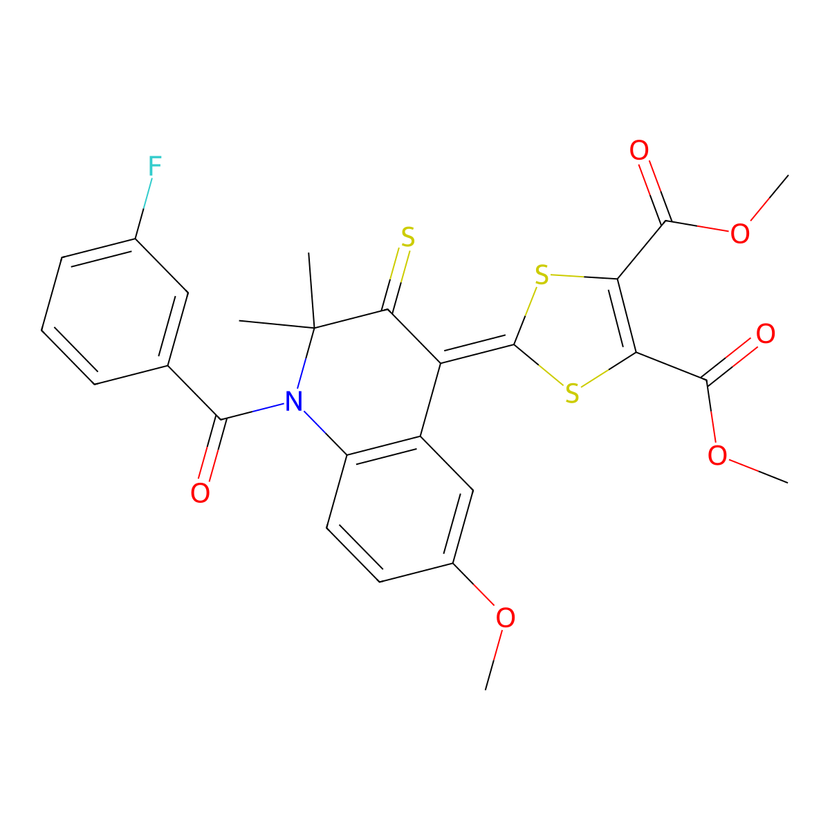 Dimethyl 2-[1-(3-fluorobenzoyl)-6-methoxy-2,2-dimethyl-3-sulfanylidenequinolin-4-ylidene]-1,3-dithiole-4,5-dicarboxylate molecular structure, CAS 5310-08-7