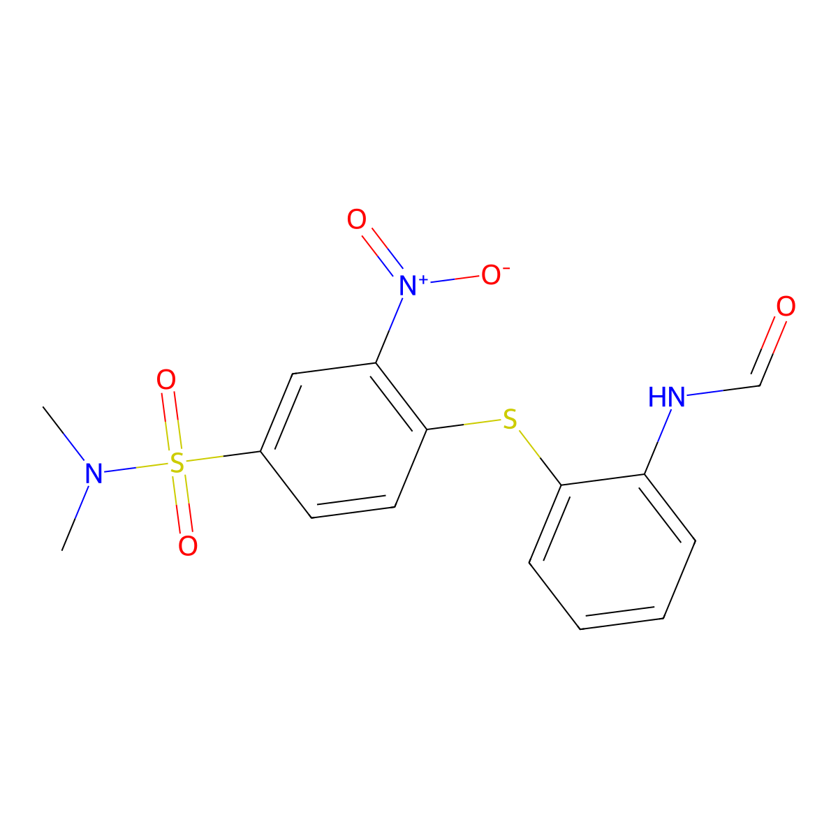 N-(2-((4-((Dimethylamino)sulphonyl)-2-nitrophenyl)thio)phenyl)formamide molecular structure, CAS 53106-13-1