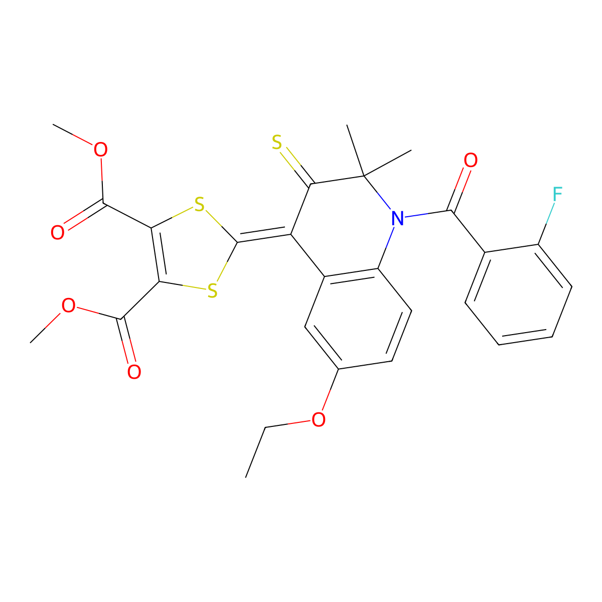 Dimethyl 2-[6-ethoxy-1-(2-fluorobenzoyl)-2,2-dimethyl-3-thioxo-4-quinolylidene]-1,3-dithiole-4,5-dicarboxylate molecular structure, CAS 5311-12-6