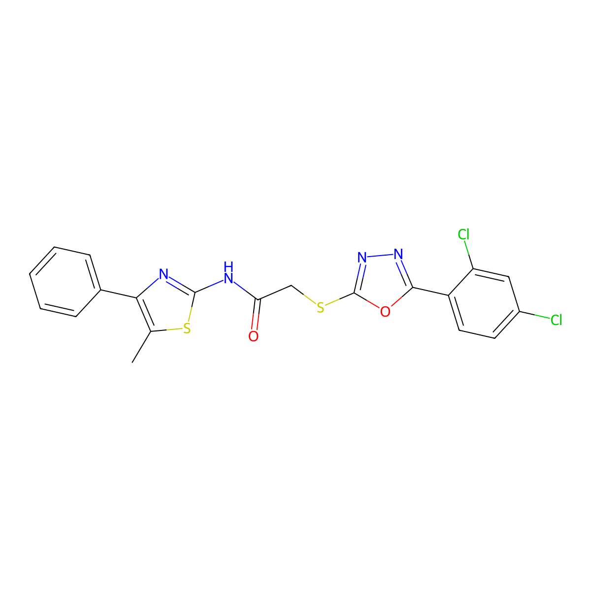 2-[[5-(2,4-dichlorophenyl)-1,3,4-oxadiazol-2-yl]sulfanyl]-N-(5-methyl-4-phenyl-1,3-thiazol-2-yl)acetamide molecular structure, CAS 531528-13-9