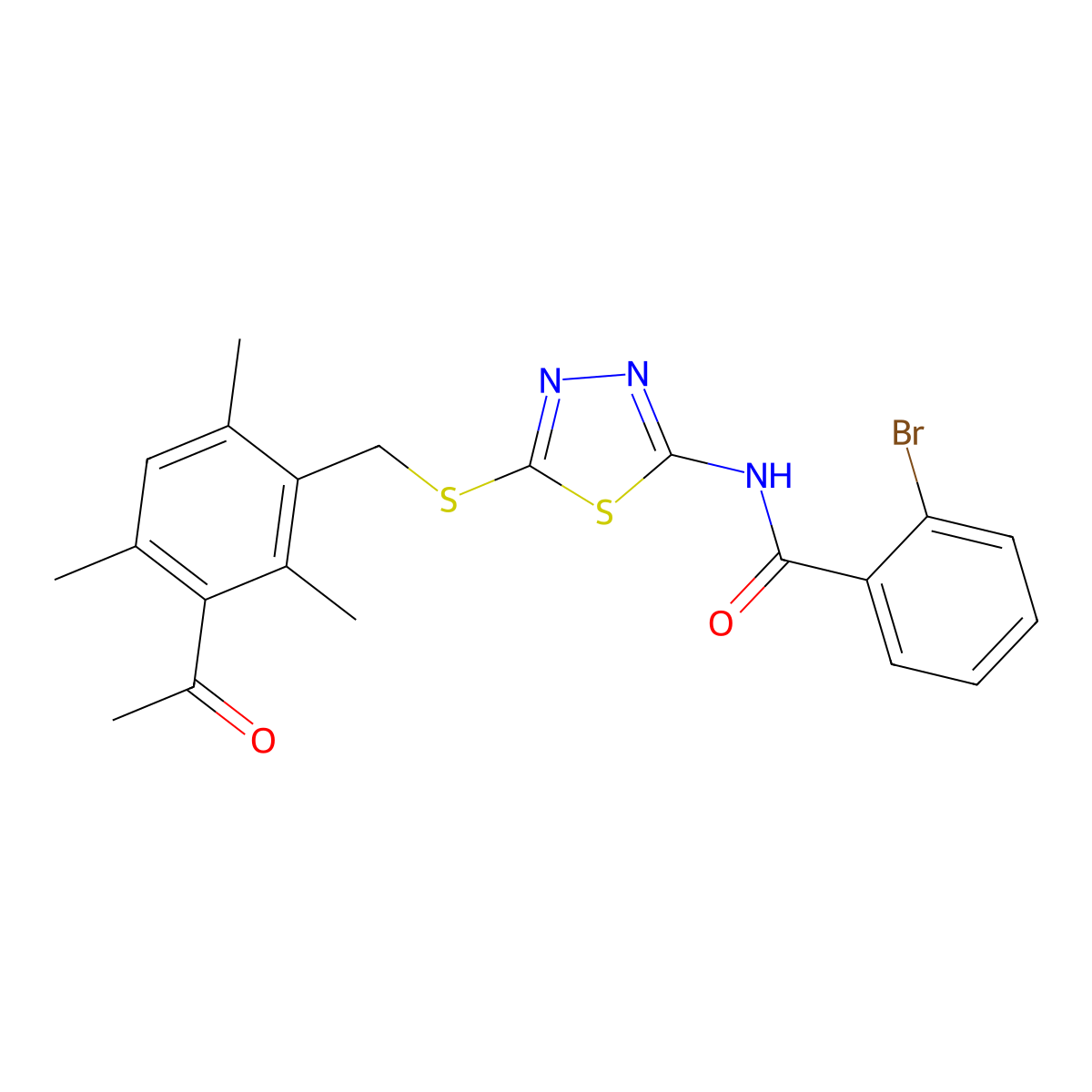 N-[5-[(3-acetyl-2,4,6-trimethylphenyl)methylsulfanyl]-1,3,4-thiadiazol-2-yl]-2-bromobenzamide molecular structure, CAS 531540-30-4