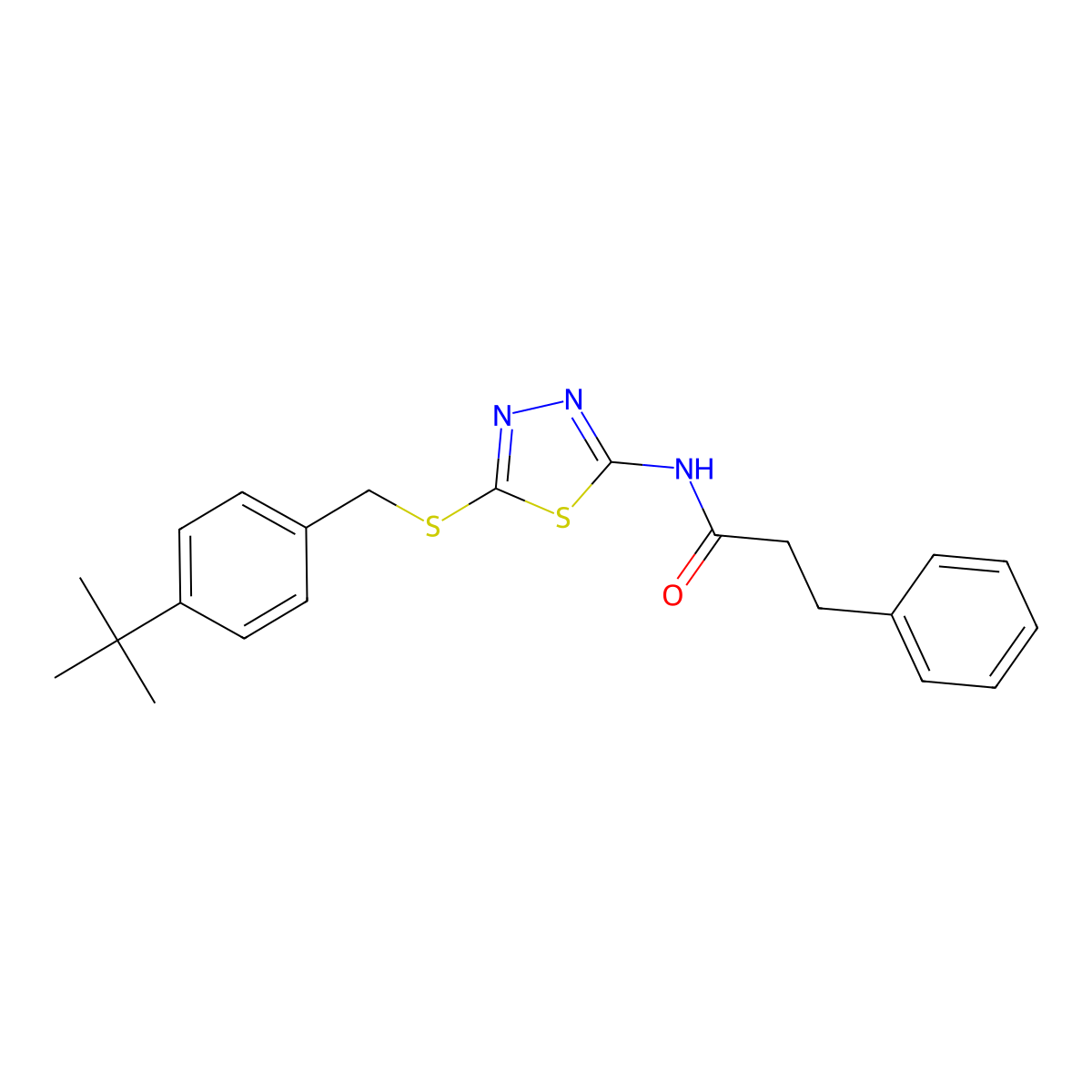 N-[5-[(4-tert-butylphenyl)methylsulfanyl]-1,3,4-thiadiazol-2-yl]-3-phenylpropanamide molecular structure, CAS 531540-53-1