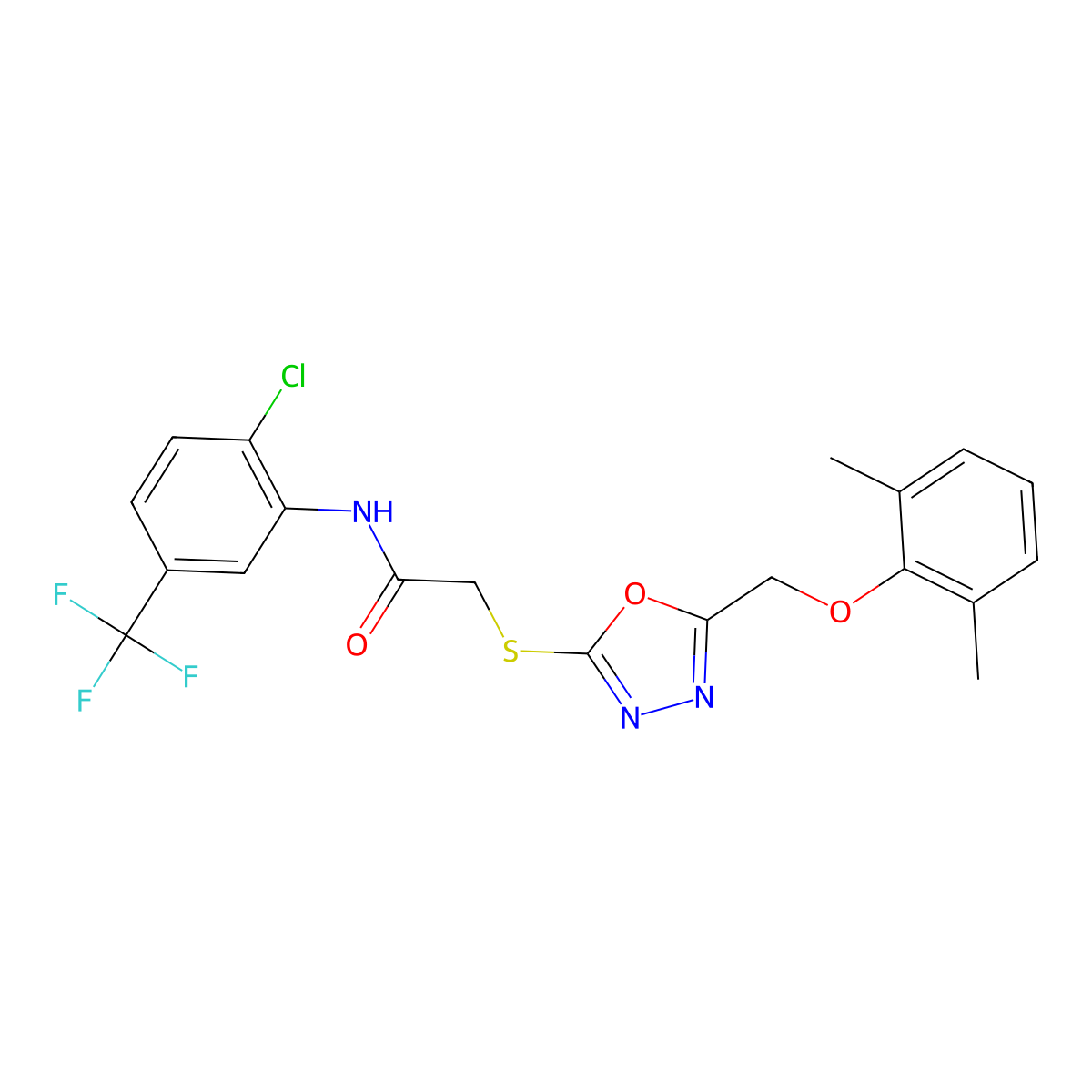 N-[2-chloro-5-(trifluoromethyl)phenyl]-2-({5-[(2,6-dimethylphenoxy)methyl]-1,3,4-oxadiazol-2-yl}sulfanyl)acetamide molecular structure, CAS 531545-34-3