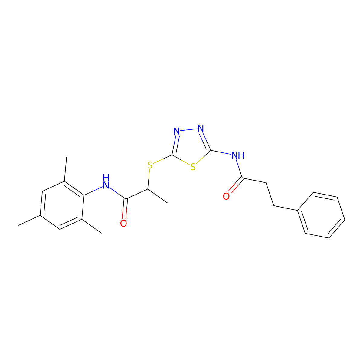 2-[[5-(3-phenylpropanoylamino)-1,3,4-thiadiazol-2-yl]sulfanyl]-N-(2,4,6-trimethylphenyl)propanamide molecular structure, CAS 531546-41-5