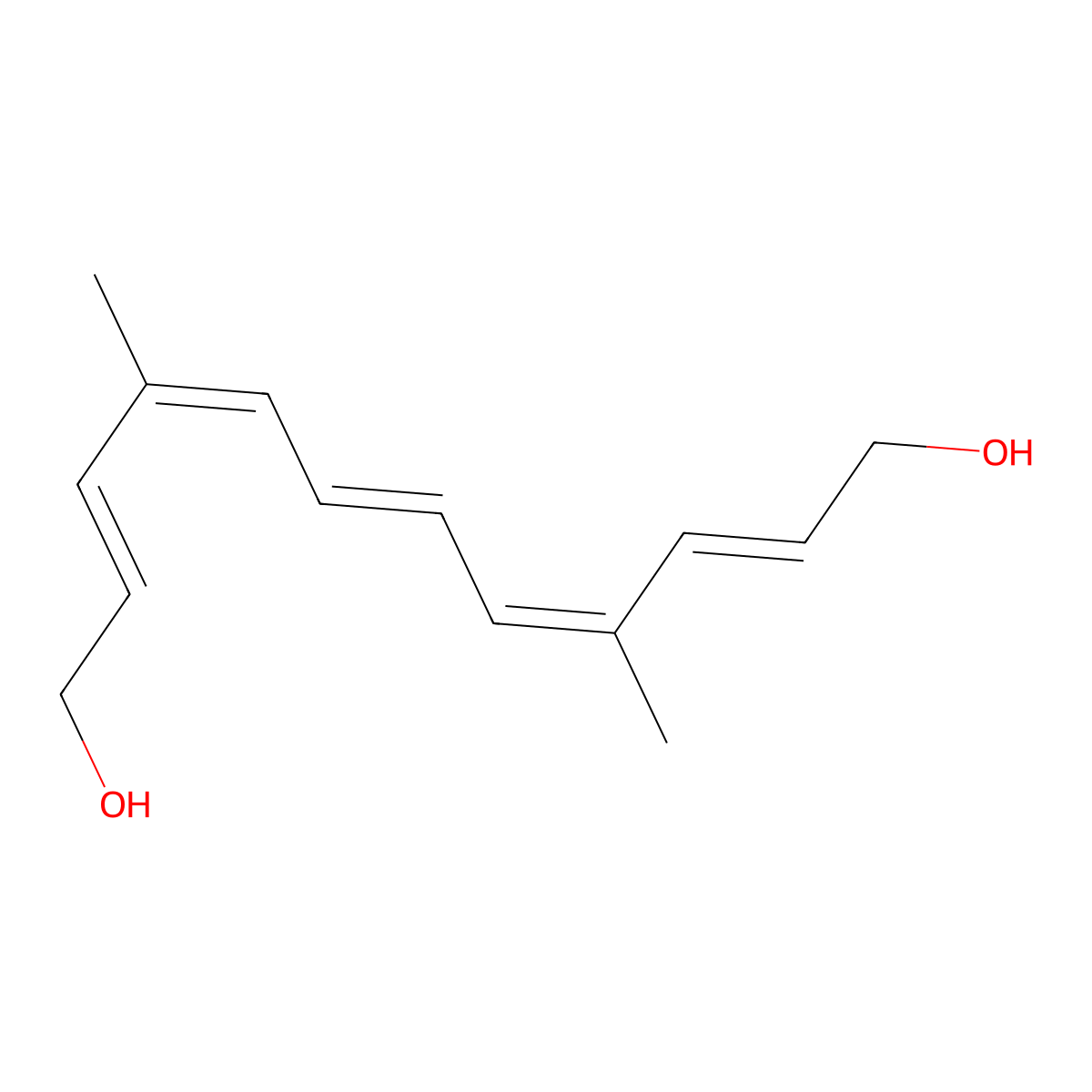 (2E,4E,6E,8E,10E)-4,9-dimethyldodeca-2,4,6,8,10-pentaene-1,12-diol molecular structure, CAS 53163-56-7