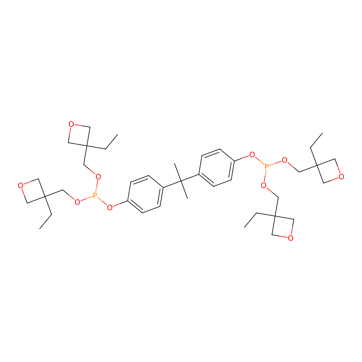 Phosphorous acid, P,P'-((1-methylethylidene)di-4,1-phenylene) P,P,P',P'-tetrakis((3-ethyl-3-oxetanyl)methyl) ester molecular structure, CAS 53184-75-1