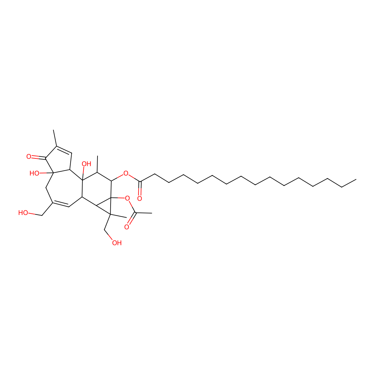 Hexadecanoic acid, (1S,1aR,1bS,4aR,7aS,7bS,8R,9R,9aS)-9a-(acetyloxy)-1a,1b,4,4a,5,7a,7b,8,9,9a-decahydro-4a,7b-dihydroxy-1,3-bis(hydroxymethyl)-1,6,8-trimethyl-5-oxo-1H-cyclopropa(3,4)benz(1,2-e)azulen-9-yl ester molecular structure, CAS 53202-98-5