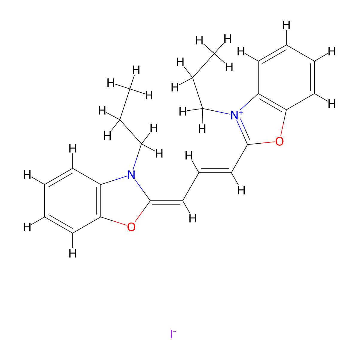 (2E)-3-propyl-2-[(E)-3-(3-propyl-1,3-benzoxazol-3-ium-2-yl)prop-2-enylidene]-1,3-benzoxazole iodide molecular structure, CAS 53213-79-9