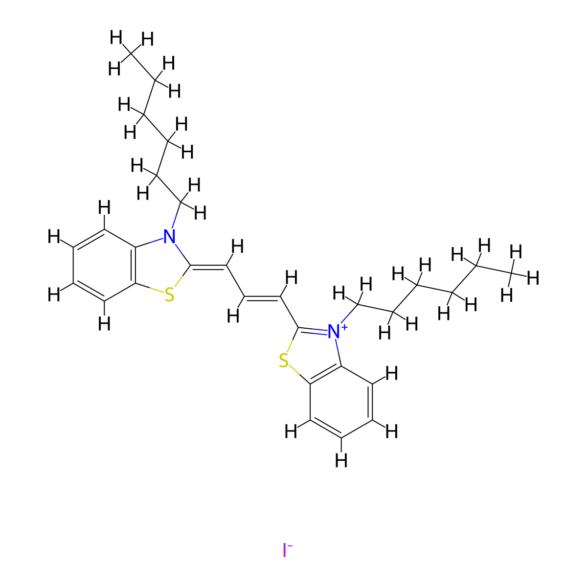 Benzothiazolium, 3-hexyl-2-[3-(3-hexyl-2(3H)-benzothiazolylidene)-1-propen-1-yl]-, iodide (1:1) molecular structure, CAS 53213-87-9