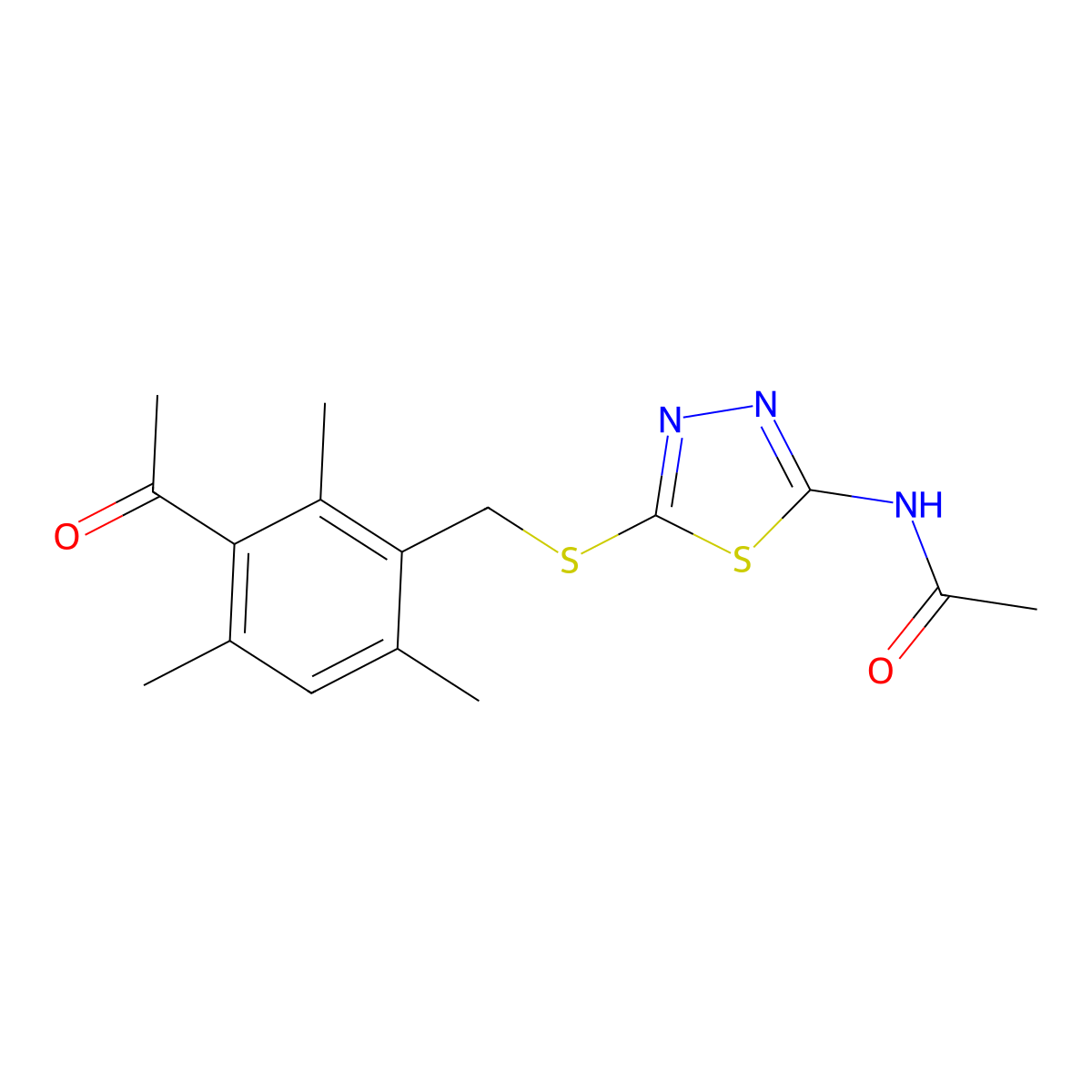 N-{5-[(3-acetyl-2,4,6-trimethylbenzyl)sulfanyl]-1,3,4-thiadiazol-2-yl}acetamide molecular structure, CAS 532385-28-7