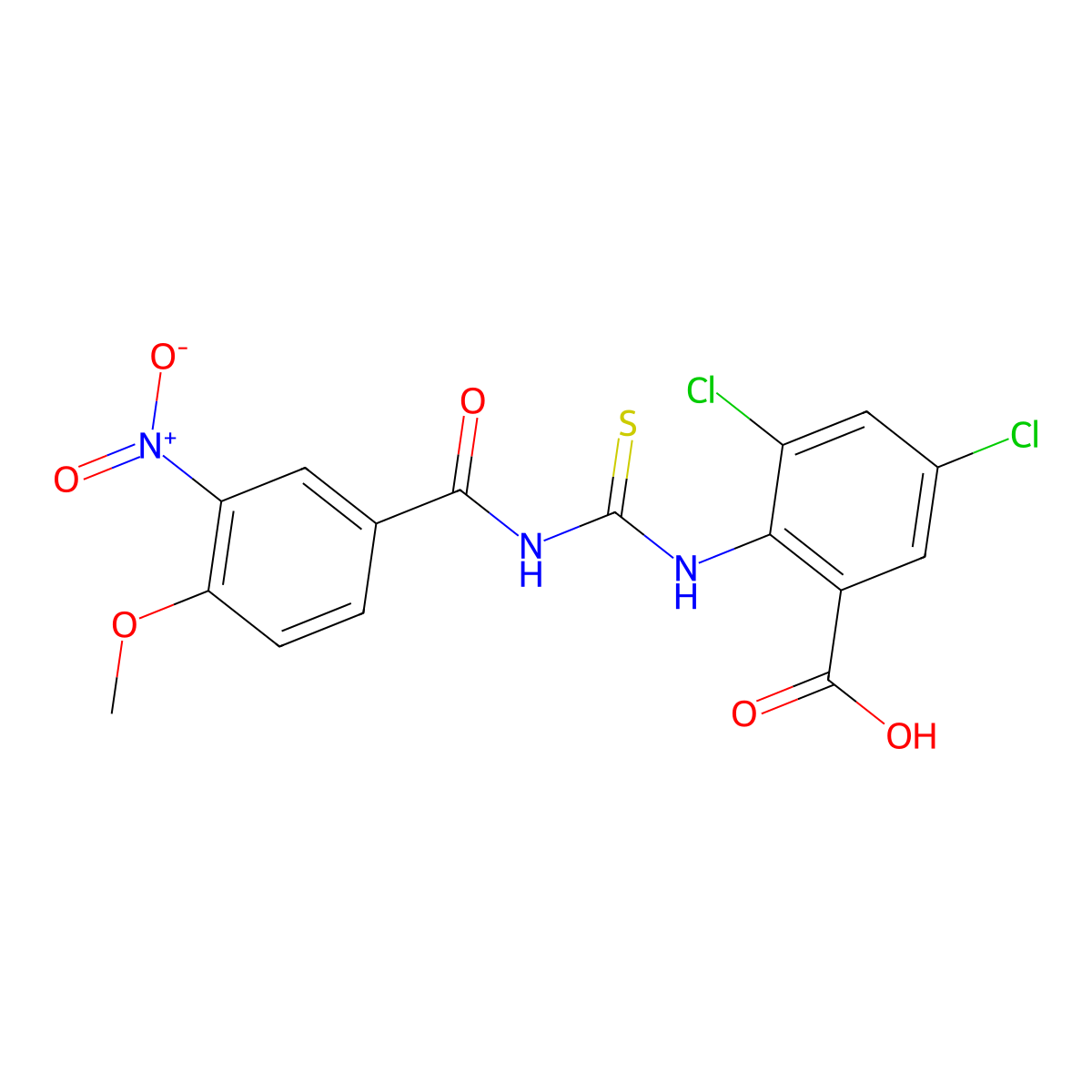 3,5-Dichloro-2-[[[(4-methoxy-3-nitrobenzoyl)amino]thioxomethyl]amino]-benzoic acid molecular structure, CAS 532407-31-1