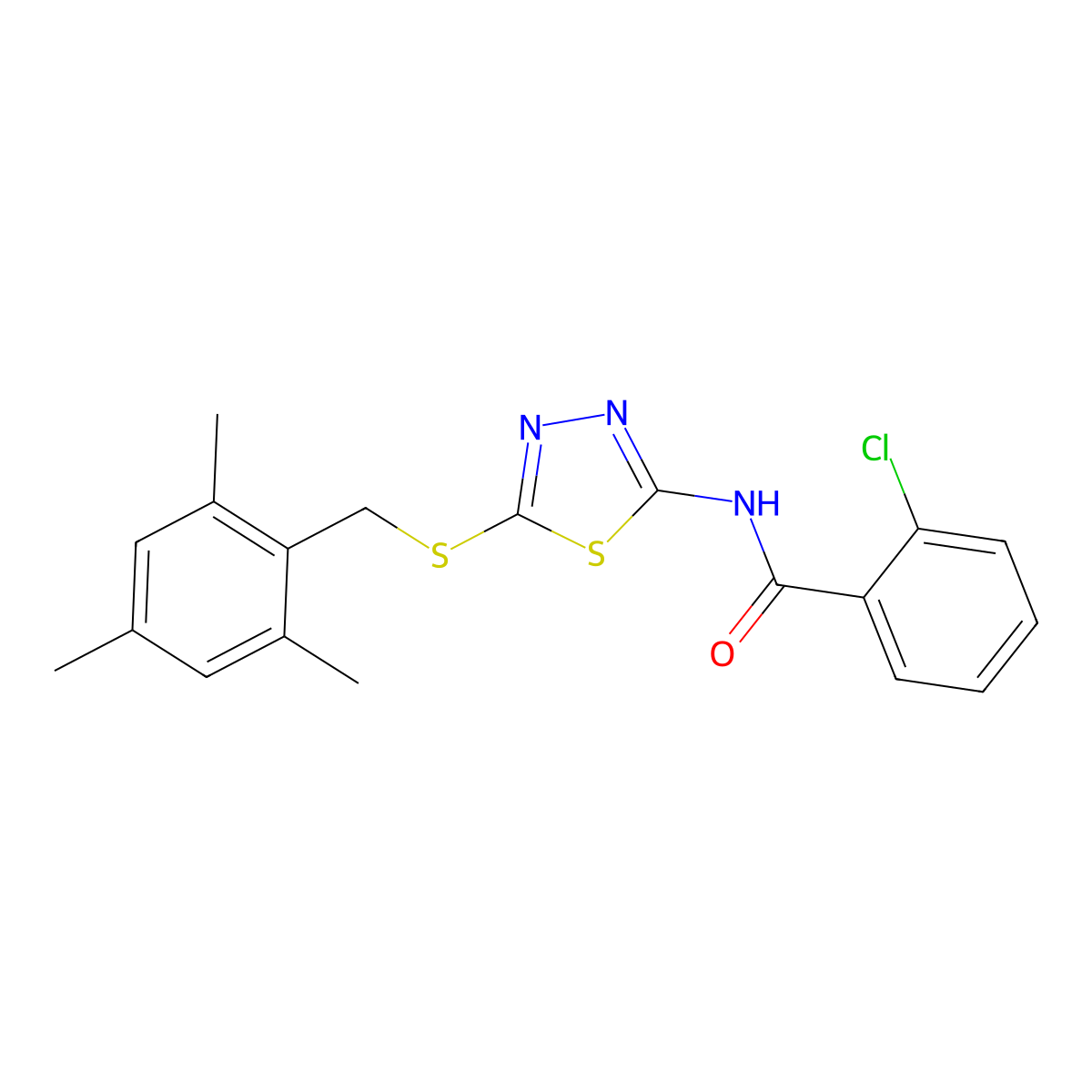 2-chloro-N-[5-[(2,4,6-trimethylphenyl)methylsulfanyl]-1,3,4-thiadiazol-2-yl]benzamide molecular structure, CAS 532416-80-1