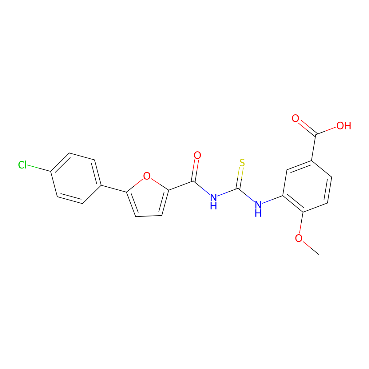 3-[[[[[5-(4-Chlorophenyl)-2-furanyl]-oxomethyl]amino]-sulfanylidenemethyl]amino]-4-methoxybenzoic acid molecular structure, CAS 532420-23-8