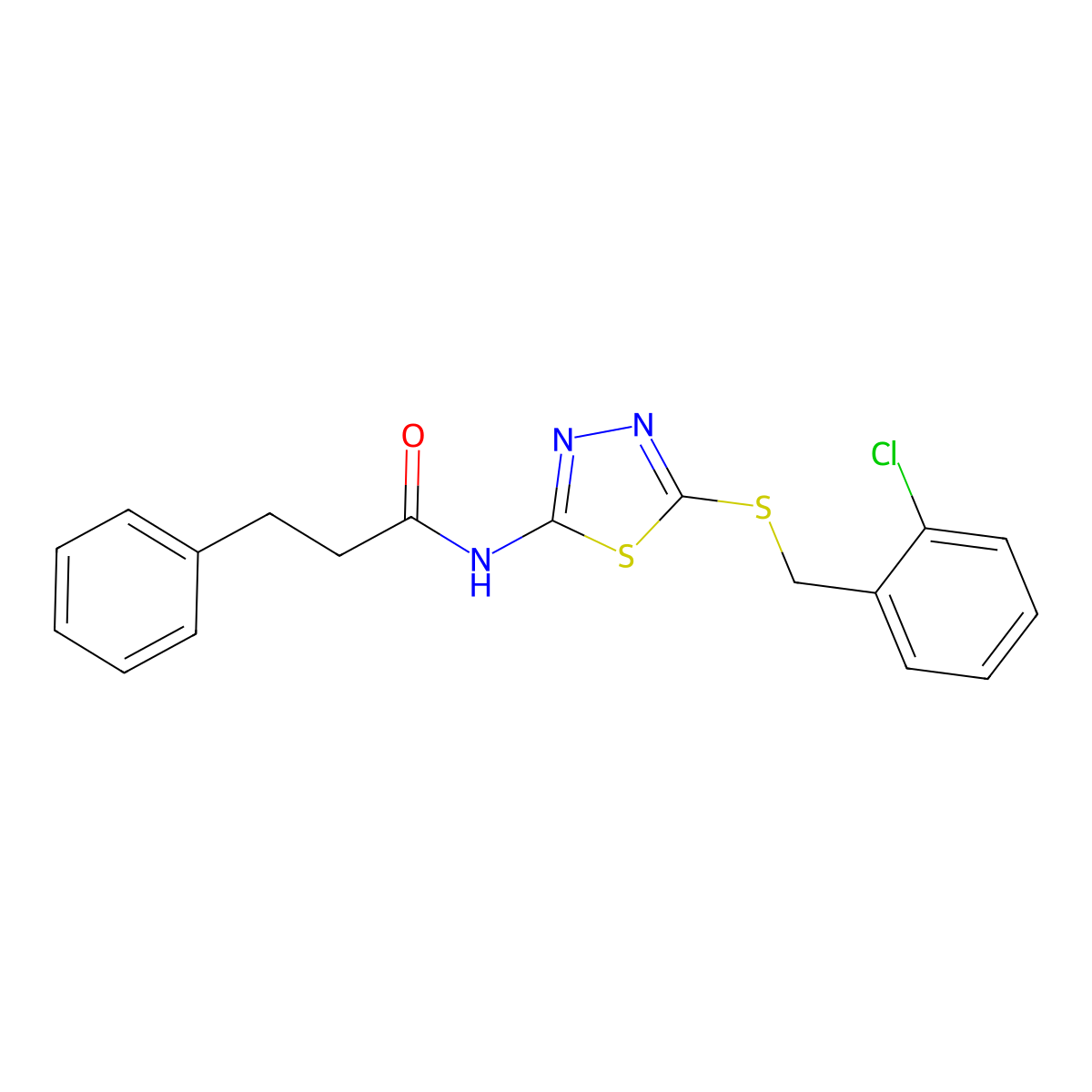 N-(5-((2-chlorobenzyl)thio)-1,3,4-thiadiazol-2-yl)-3-phenylpropanamide molecular structure, CAS 532422-95-0