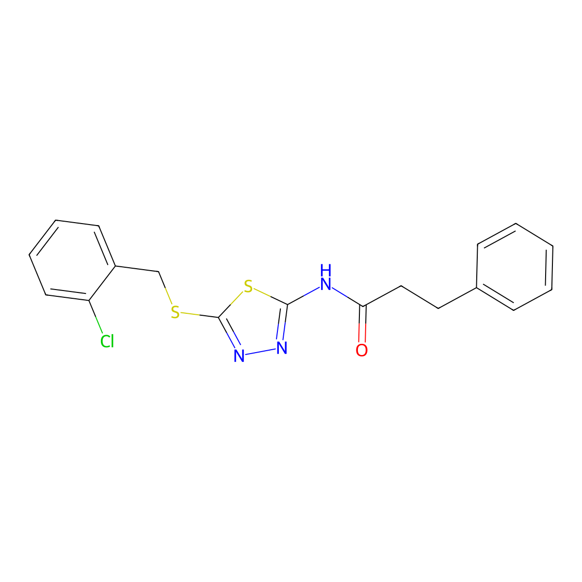 N-(5-((2-chlorobenzyl)thio)-1,3,4-thiadiazol-2-yl)-3-phenylpropanamide molecular structure, CAS 532422-95-0