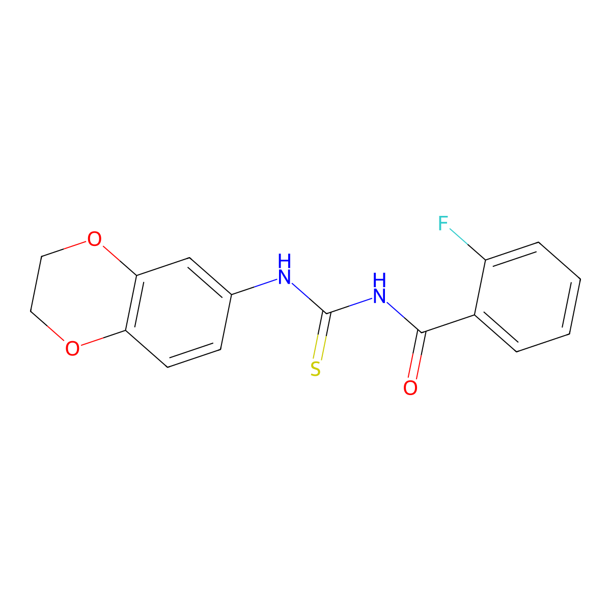 N-(2,3-dihydro-1,4-benzodioxin-6-ylcarbamothioyl)-2-fluorobenzamide molecular structure, CAS 532423-26-0