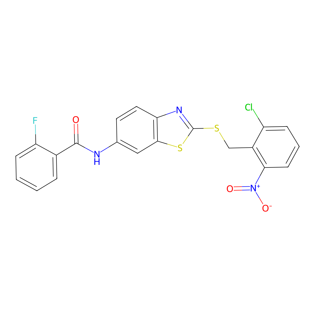N-[2-[(2-chloro-6-nitrophenyl)methylsulfanyl]-1,3-benzothiazol-6-yl]-2-fluorobenzamide molecular structure, CAS 532430-27-6
