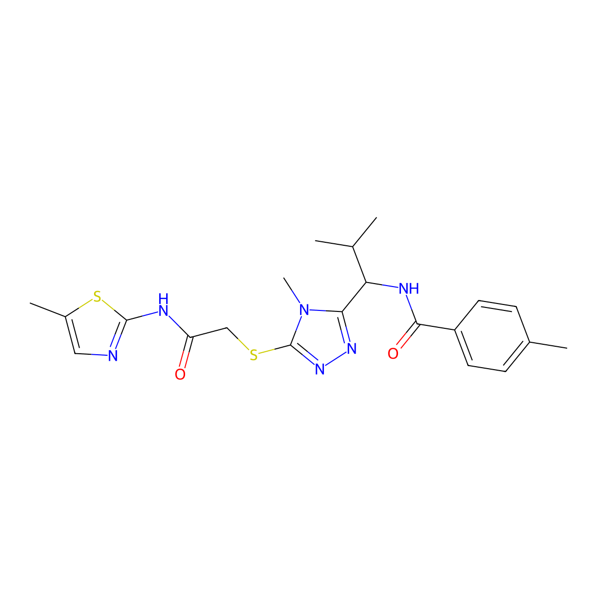 4-methyl-N-[2-methyl-1-[4-methyl-5-[2-[(5-methyl-1,3-thiazol-2-yl)amino]-2-oxoethyl]sulfanyl-1,2,4-triazol-3-yl]propyl]benzamide molecular structure, CAS 532430-30-1