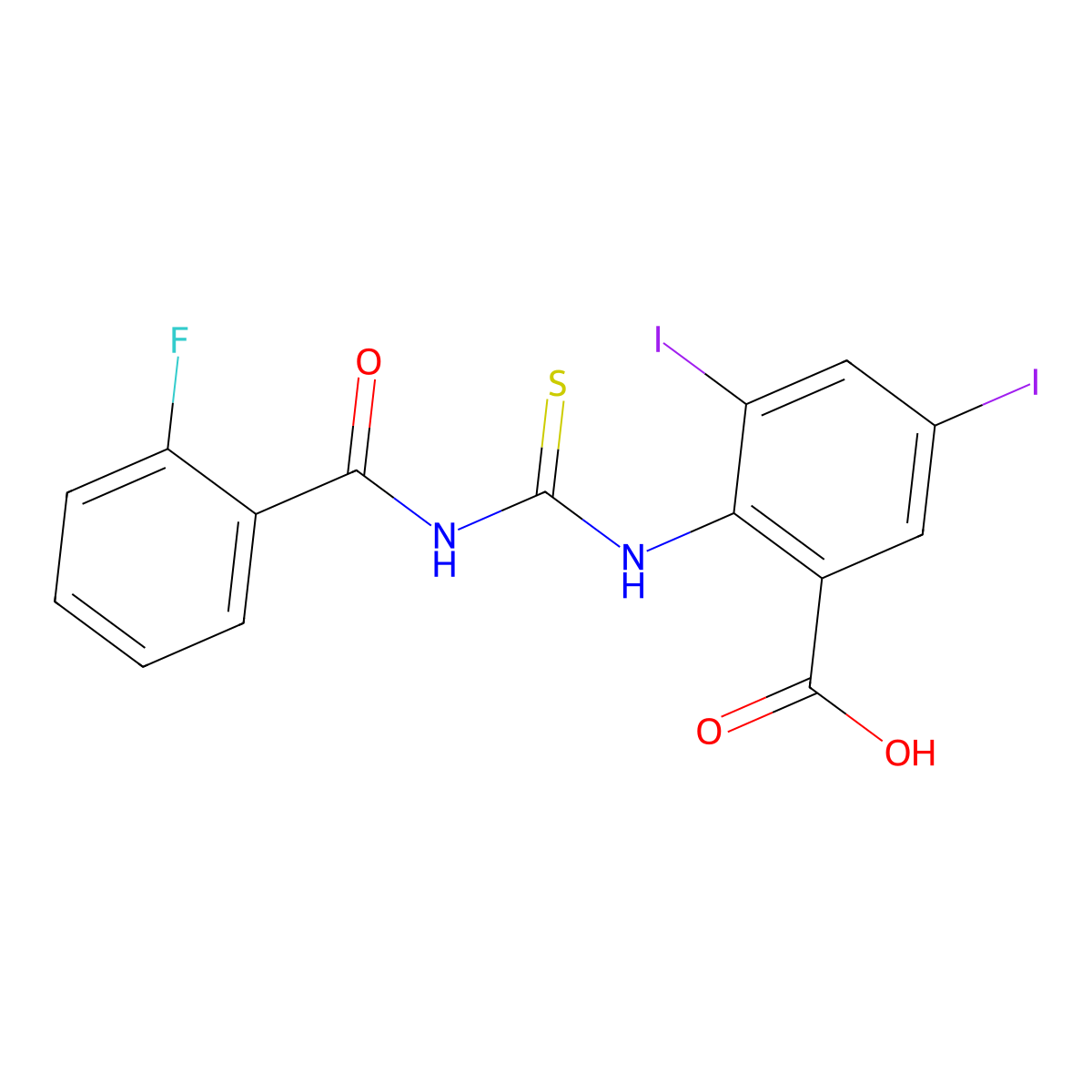 2-[(2-Fluorobenzoyl)carbamothioylamino]-3,5-diiodobenzoic acid molecular structure, CAS 532431-29-1