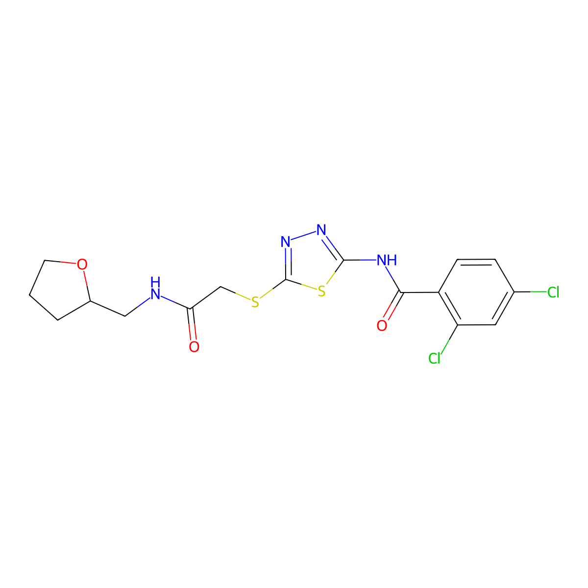 2,4-dichloro-N-(5-((2-oxo-2-(((tetrahydrofuran-2-yl)methyl)amino)ethyl)thio)-1,3,4-thiadiazol-2-yl)benzamide molecular structure, CAS 532431-50-8