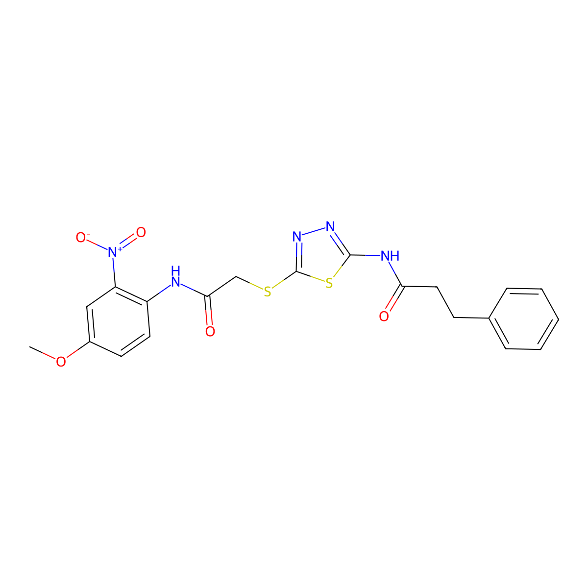 N-[5-[2-(4-methoxy-2-nitroanilino)-2-oxoethyl]sulfanyl-1,3,4-thiadiazol-2-yl]-3-phenylpropanamide molecular structure, CAS 532431-91-7