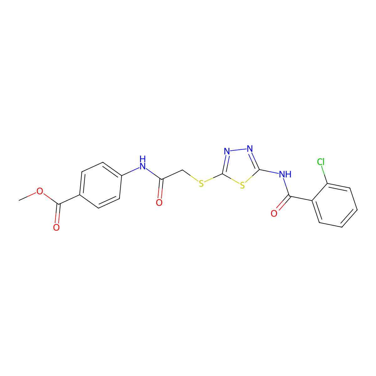 Methyl 4-(2-((5-(2-chlorobenzamido)-1,3,4-thiadiazol-2-yl)thio)acetamido)benzoate molecular structure, CAS 532433-84-4