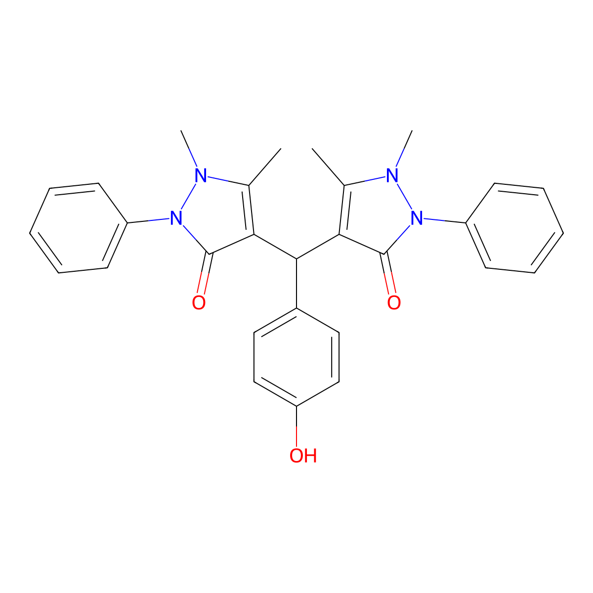 4,4'-[(4-hydroxyphenyl)methylene]bis(1,5-dimethyl-2-phenyl-1,2-dihydro-3H-pyrazol-3-one) molecular structure, CAS 5326-67-0