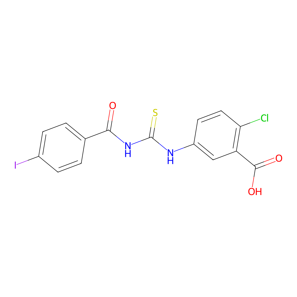 2-Chloro-5-[[[(4-iodobenzoyl)amino]thioxomethyl]amino]-benzoic acid molecular structure, CAS 532936-71-3