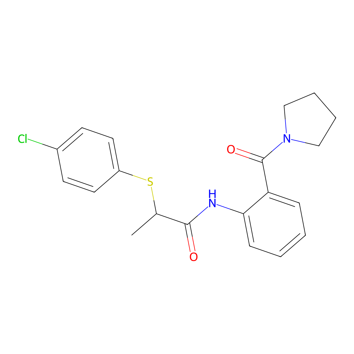 2-(4-chlorophenyl)sulfanyl-N-[2-(pyrrolidine-1-carbonyl)phenyl]propanamide molecular structure, CAS 532939-26-7