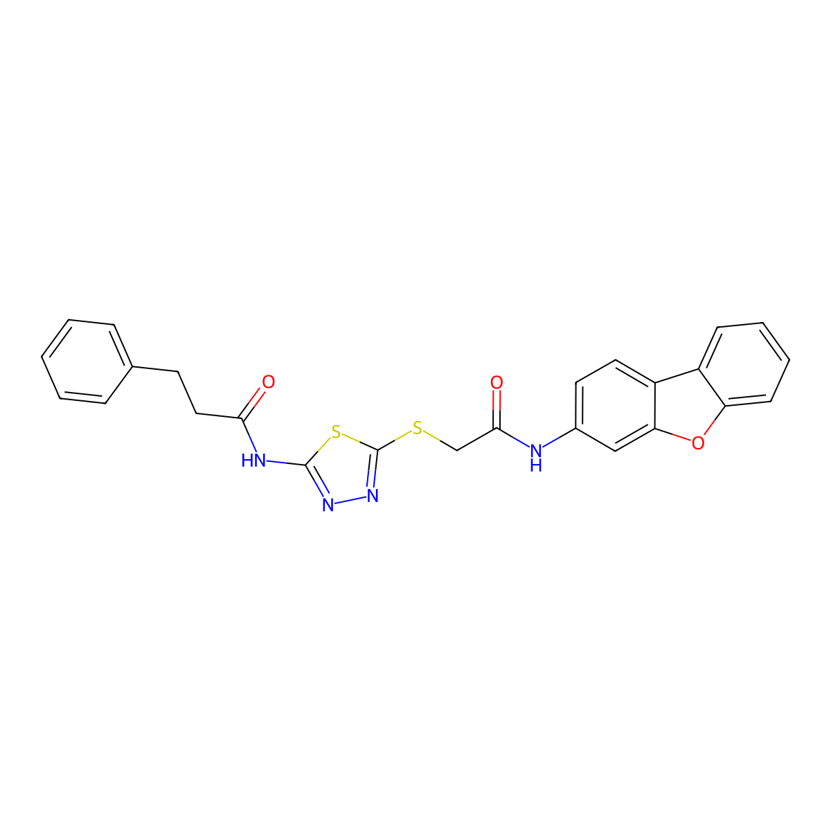 N-[5-[2-(dibenzofuran-3-ylamino)-2-oxoethyl]sulfanyl-1,3,4-thiadiazol-2-yl]-3-phenylpropanamide molecular structure, CAS 532942-09-9