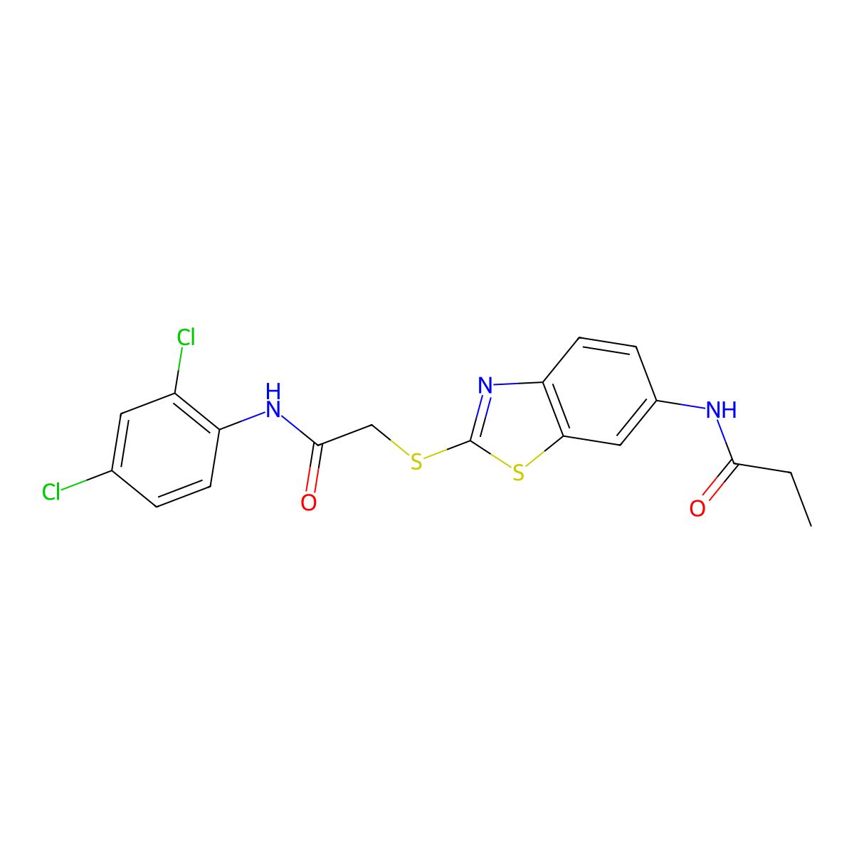 N-[2-[2-(2,4-dichloroanilino)-2-oxoethyl]sulfanyl-1,3-benzothiazol-6-yl]propanamide molecular structure, CAS 532943-65-0