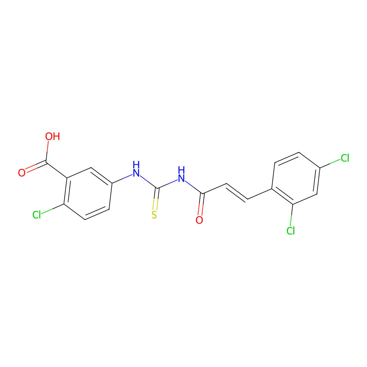 2-Chloro-5-[3-(2,4-dichlorophenyl)prop-2-enoylcarbamothioylamino]benzoic acid molecular structure, CAS 532947-57-2