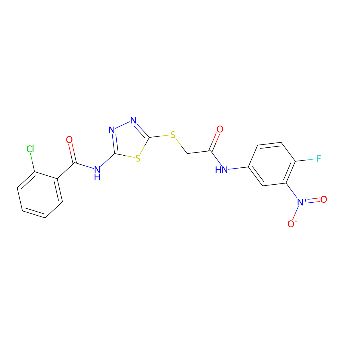 2-chloro-N-[5-[2-(4-fluoro-3-nitroanilino)-2-oxoethyl]sulfanyl-1,3,4-thiadiazol-2-yl]benzamide molecular structure, CAS 532957-27-0