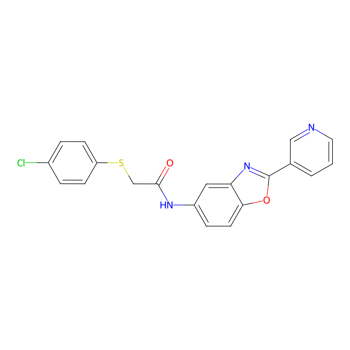 2-(4-chlorophenyl)sulfanyl-N-(2-pyridin-3-yl-1,3-benzoxazol-5-yl)acetamide molecular structure, CAS 532960-61-5