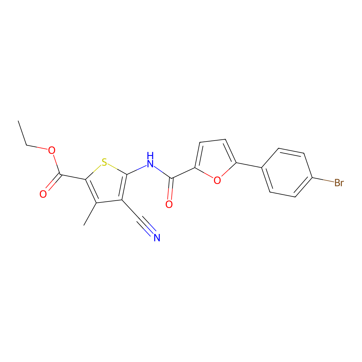 Ethyl 5-({[5-(4-bromophenyl)furan-2-yl]carbonyl}amino)-4-cyano-3-methylthiophene-2-carboxylate molecular structure, CAS 532962-40-6