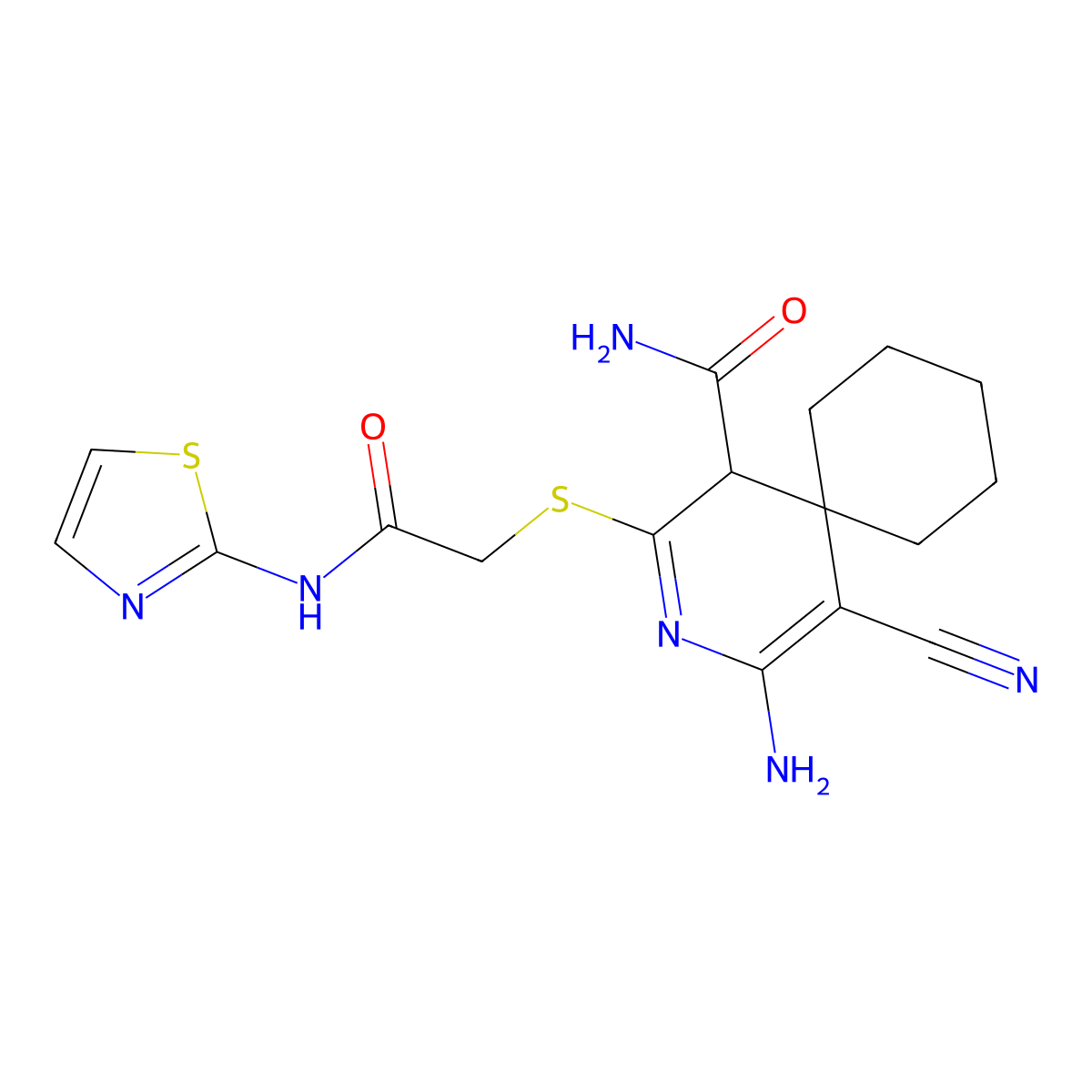 4-Amino-5-cyano-2-((2-oxo-2-(thiazol-2-ylamino)ethyl)thio)-3-azaspiro[5.5]undeca-2,4-diene-1-carboxamide molecular structure, CAS 532964-73-1