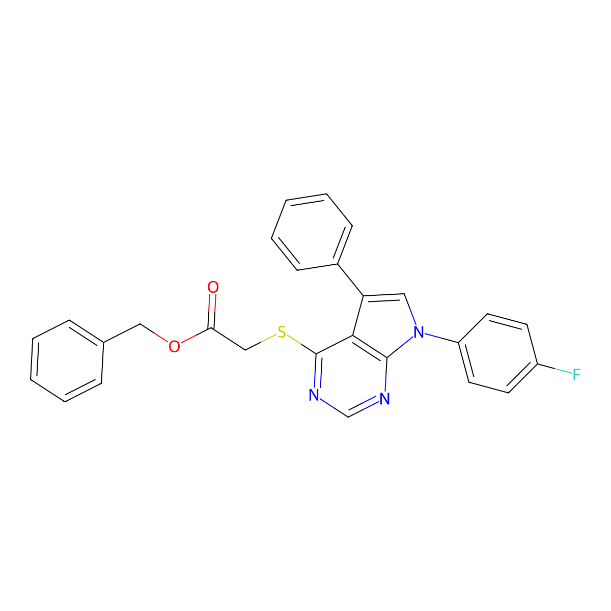 Benzyl 2-[7-(4-fluorophenyl)-5-phenylpyrrolo[2,3-d]pyrimidin-4-yl]sulfanylacetate molecular structure, CAS 532965-07-4
