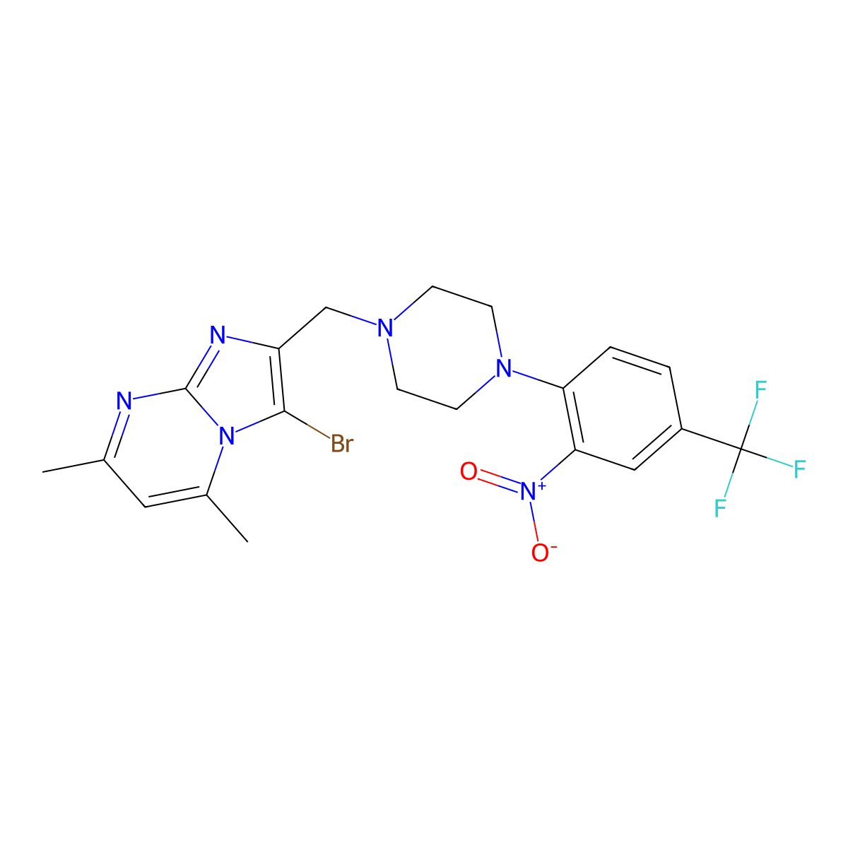 3-Bromo-5,7-dimethyl-2-((4-(2-nitro-4-(trifluoromethyl)phenyl)piperazin-1-yl)methyl)imidazo[1,2-a]pyrimidine molecular structure, CAS 532968-19-7