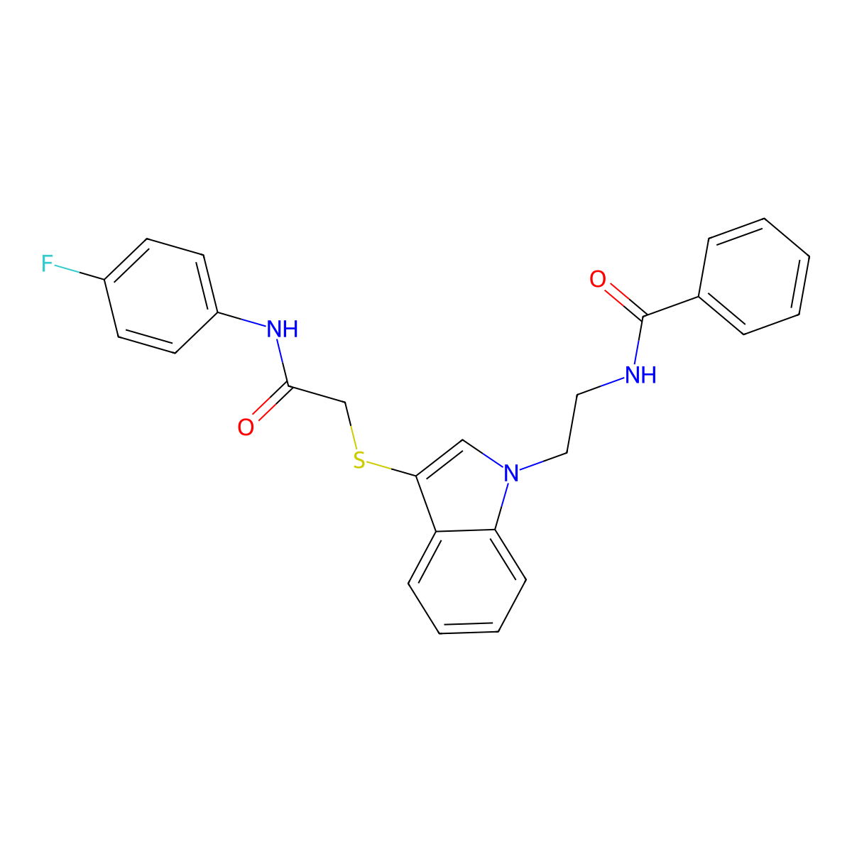 N-(2-(3-((2-((4-fluorophenyl)amino)-2-oxoethyl)thio)-1H-indol-1-yl)ethyl)benzamide molecular structure, CAS 532969-69-0