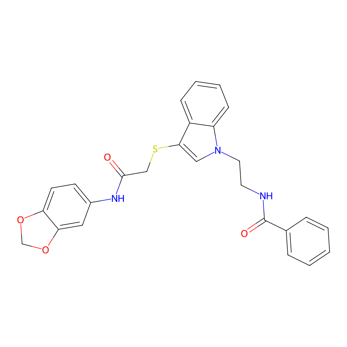 N-(2-(3-((2-(benzo[d][1,3]dioxol-5-ylamino)-2-oxoethyl)thio)-1H-indol-1-yl)ethyl)benzamide molecular structure, CAS 532969-77-0