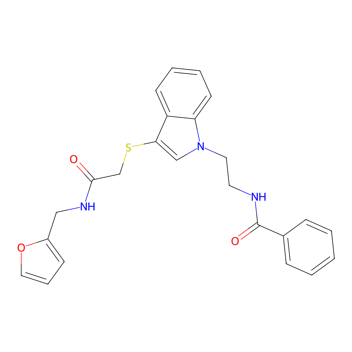 N-[2-[3-[2-(furan-2-ylmethylamino)-2-oxoethyl]sulfanylindol-1-yl]ethyl]benzamide molecular structure, CAS 532969-80-5