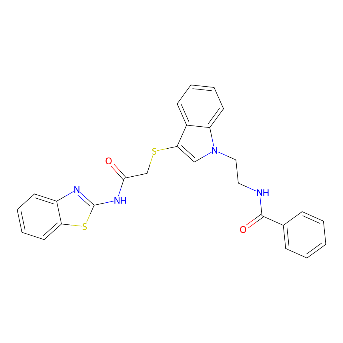 N-(2-(3-((2-(benzo[d]thiazol-2-ylamino)-2-oxoethyl)thio)-1H-indol-1-yl)ethyl)benzamide molecular structure, CAS 532969-84-9